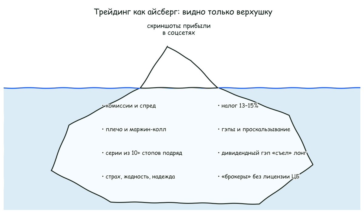 Айсберг: над водой скриншоты прибыли в соцсетях, под водой комиссии и спред, налог, плечо и маржин-колл, гэпы, серии стопов, дивидендный гэп, эмоции и брокеры без лицензии